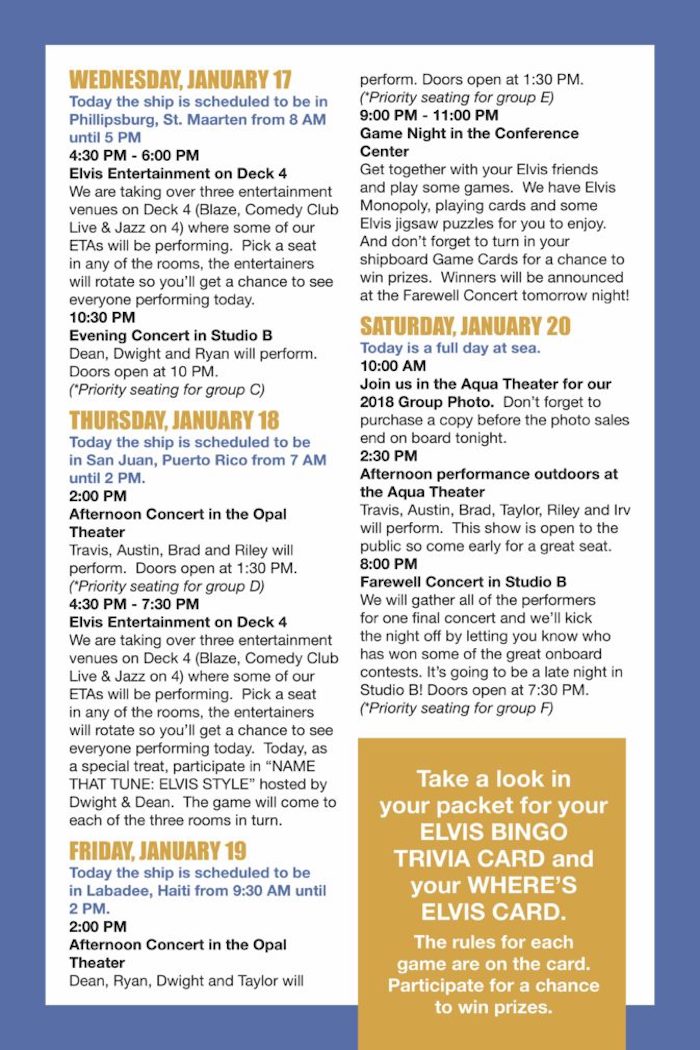 Elvis Cruise 2018 Schedule 2